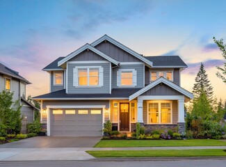 Suburban home at twilight, lit windows, gray siding