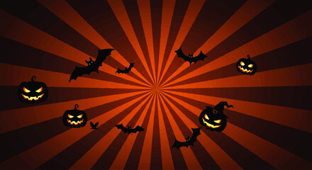 A festive Halloween background featuring pumpkins, bats, and radiating orange and brown stripes.