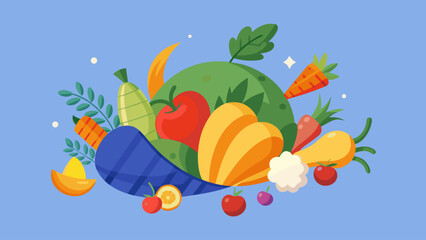 Vegetables and fruits arranged together on a light blue background color