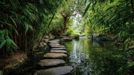 Obraz premium Stepping stones traverse a serene pond in a lush, green garden setting. Perfect for themes of tranquility, nature, and mindful relaxation.