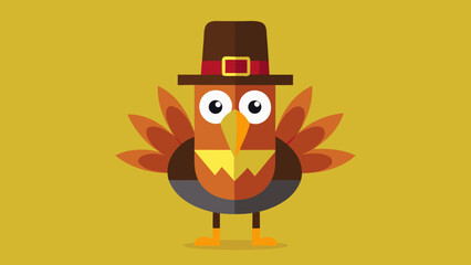 Cartoon thanksgiving turkey with pilgrim hat on a yellow background in a flat design style