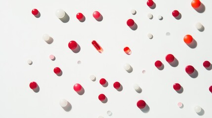 Scattered colorful pills and capsules on white background