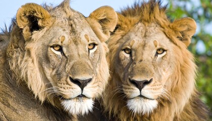 Obraz premium Close-up portrait featuring the intense gaze and majestic presence of a pair of regal lions