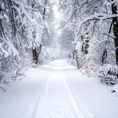 Snowy winter forest path