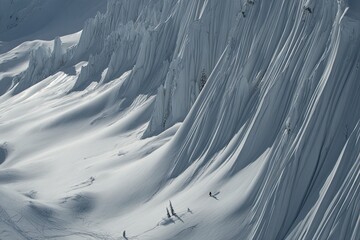 High-angle view of snowy mountain slopes with skiers