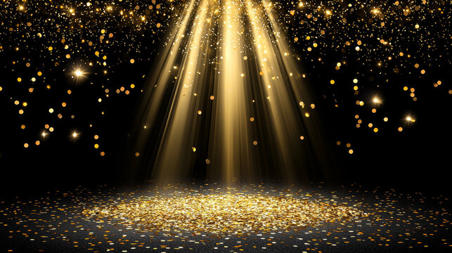 Golden confetti, spotlight beams, dark background - Powered by Adobe
