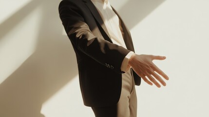 Young man in suit offering hand near window in minimalist setting