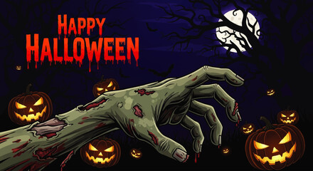A Halloween illustration featuring a zombie hand reaching out, surrounded by glowing jack-o'-lanterns under a full moon.