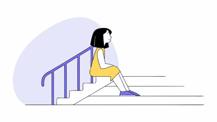 Illustration of a woman with black hair sitting on stairs with a purple railing and light background