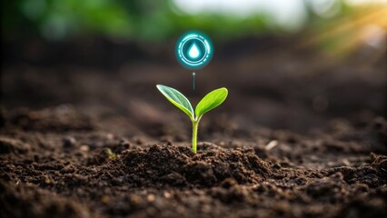 Fototapeta premium A sprouting plant emerges from soil with a digital water droplet icon above it.