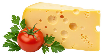 Isolated Swiss Cheese Wedge with Tomato and Parsley