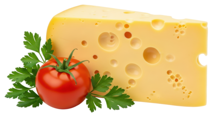 Isolated Swiss Cheese Wedge with Tomato and Parsley