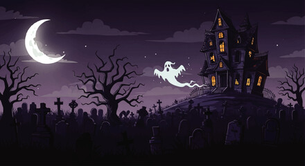A spooky Halloween scene at night, with a haunted house and a ghost over a graveyard.