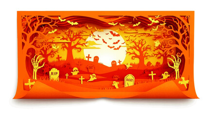 Intricate Halloween pop-up card depicting a graveyard scene with ghosts, bats, and skeletal hands under an orange moon.