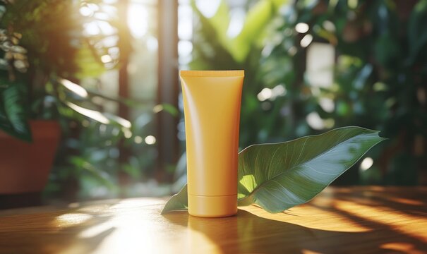 Mockup of an unbranded sunscreen lotion bottle, featuring a clear area for customizable branding and text, perfect for advertising and product design, focusing on eco-friendly skin, Generative AI