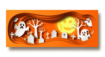 Spooky Halloween paper-cut scene depicting ghosts, tombstones, and a jack-o'-lantern moon in a graveyard.