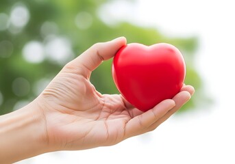 Obraz premium Open palm holding a red heart shape isolated on white background
