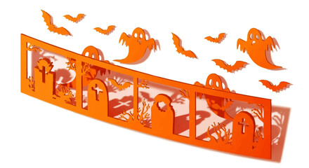 Orange Halloween decoration featuring a graveyard scene with tombstones, ghosts, and bats cut out.