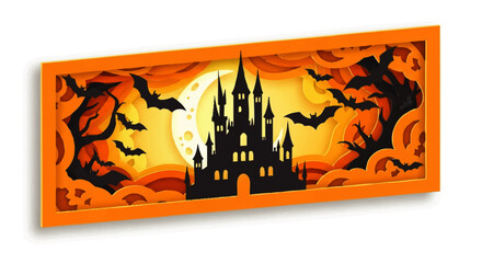 Halloween themed paper cut-out design of a castle silhouette against an orange and yellow sunset, with bats and trees.
