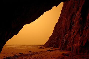 Cave entrance to a sandy beach, fiery sunset