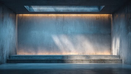Empty concrete platform illuminated by soft light.
