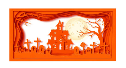 A layered paper art scene depicting a spooky haunted house at night with a full moon.
