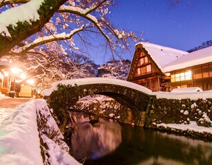 Snow-covered village at night