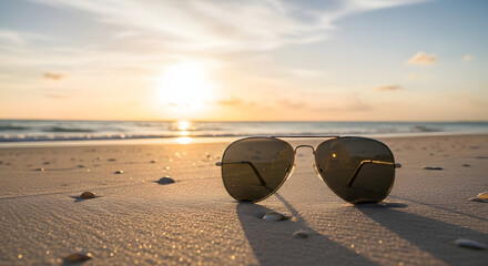 Serene sunset over the ocean with sunglasses on a sandy tropical beach