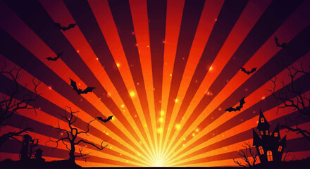 Halloween themed background featuring bats, spooky trees, and a vibrant sunset effect.