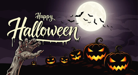 Halloween graphic with a zombie hand reaching out over pumpkins and a full moon.