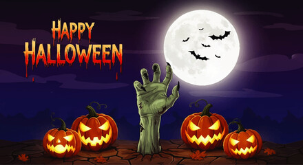 A zombie hand emerges from the ground amidst glowing jack-o'-lanterns under a full moon on Halloween night.