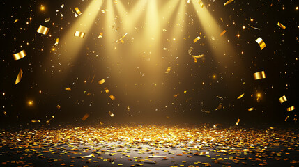 Golden confetti falls under spotlights, creating a celebratory scene