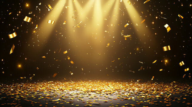 Golden confetti falls under spotlights, creating a celebratory scene