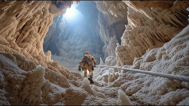 Caving adventure explorer descending into a stunning crystal cave natural wonder sci-fi fantasy environment dramatic viewpoint
