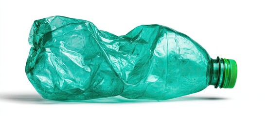 Crushed teal plastic bottle on white background