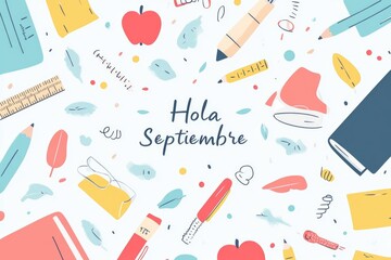 Un poster ilustrado que presenta material escolar como l&aacute;pices, libros, manzanas y hojas de oto&ntilde;o temprano, con el texto dibujado a mano Hola Septiembre.