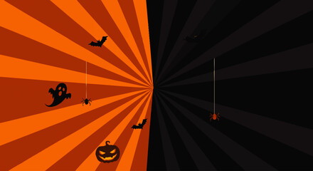 Halloween-themed background with radiating stripes, pumpkins, ghosts, bats, and spiders.