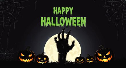 A zombie hand emerges from the ground before a full moon, surrounded by grinning jack-o'-lanterns, wishing a Happy Halloween.