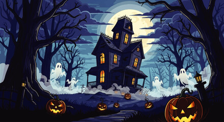 A spooky, dark, cartoon illustration of a haunted house scene with ghosts and pumpkins.