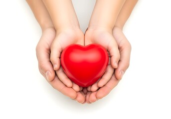 Fototapeta premium Child and adult hands holding a red heart together