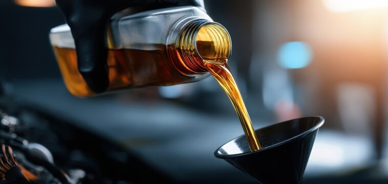 The mechanic pouring engine oil into a funnel during an automotive service process.