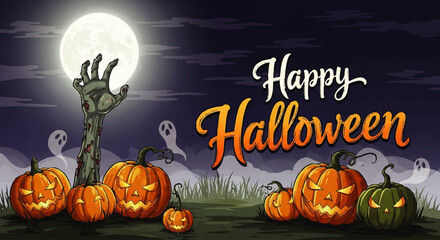 Spooky Halloween scene featuring pumpkins, zombie hand, and ghosts under a full moon.