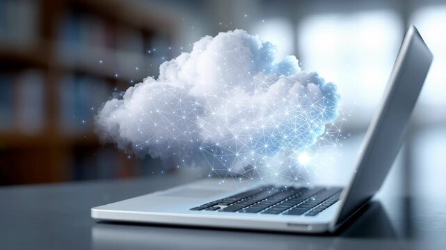 Cloud computing concept with digital network and cloud emerging from laptop modern office, symbolizing data storage, technology innovation, internet connectivity, and digital network computing