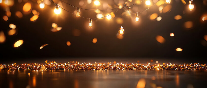 Golden glitter and warm string lights create festive ambiance