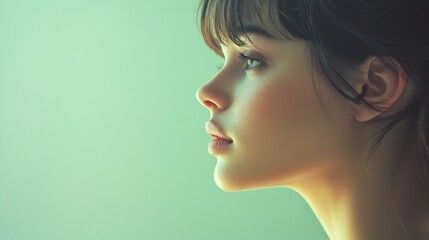 Naklejka premium Young woman in studio portrait, serene and pensive mood