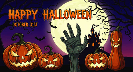 Halloween graphic with pumpkins, a zombie hand, and a spooky castle, celebrating the holiday.