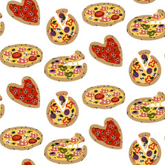 pattern of Various types of pizza. Round, with a cut-off piece, in shape of heart. Ready-to-eat pizza. Flat color illustration with doodle lines in seamless texture. Marketing of an Italian pizzeria