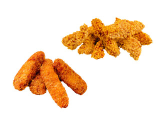 Crispy fried chicken tenders stacked on a white surface with golden color