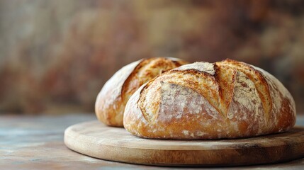 Two rustic loaves of bread on wooden board indoors