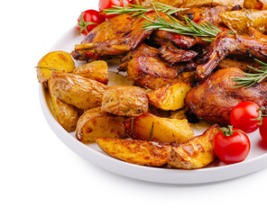 Delicious roasted chicken and potatoes served with fresh tomatoes